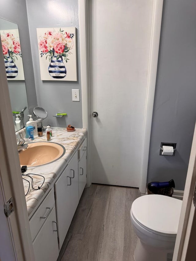 bathroom featuring vanity, toilet, and wood finished floors