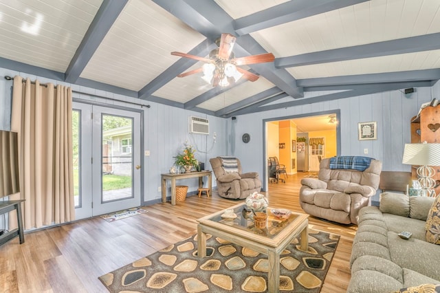 1164 Holly Grove Cir, Dalton, GA 30720 - living room with ceiling fan, wood finished floors, lofted ceiling with beams, and a wall unit AC