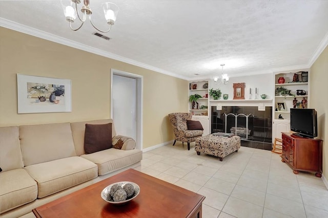 153 Buckingham Dr, Dalton, GA 30720 - living area with a chandelier, light tile patterned floors, crown molding, built in features, and baseboards