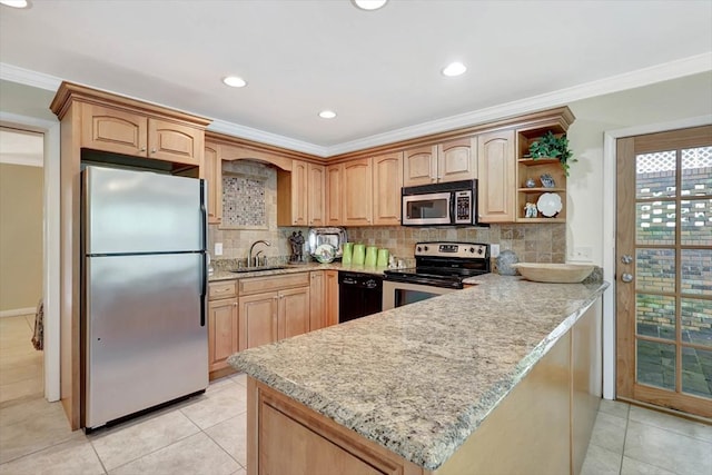153 Buckingham Dr, Dalton, GA 30720 - kitchen with appliances with stainless steel finishes, a peninsula, ornamental molding, tasteful backsplash, and a sink