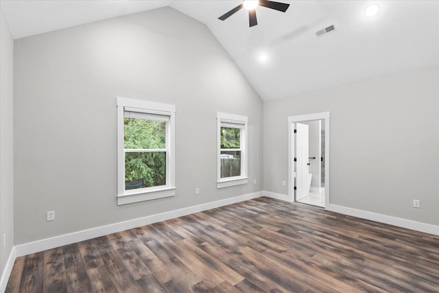 unfurnished room with ceiling fan, high vaulted ceiling, and dark hardwood / wood-style flooring