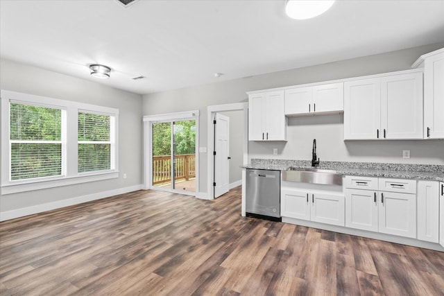 kitchen with white cabinetry, sink, dark wood-type flooring, and dishwasher