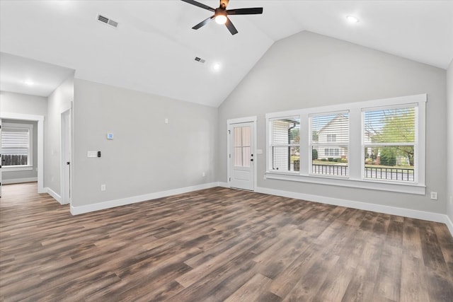 unfurnished living room featuring high vaulted ceiling, dark wood-type flooring, and ceiling fan