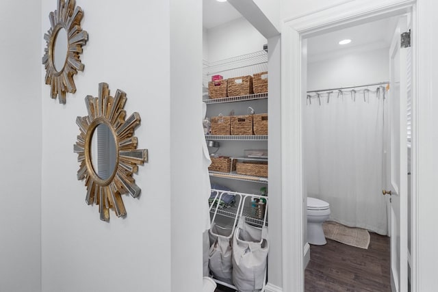 bathroom with hardwood / wood-style floors and toilet