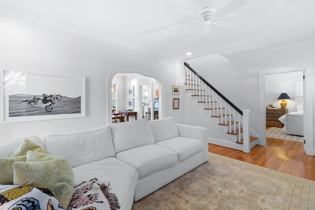 living room featuring crown molding, ceiling fan, and light hardwood / wood-style floors