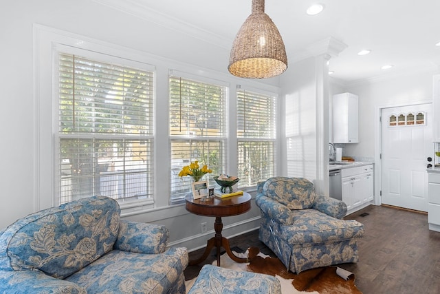 sitting room with crown molding, dark hardwood / wood-style floors, and sink