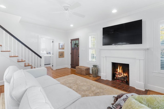 living room featuring crown molding, dark hardwood / wood-style floors, and ceiling fan