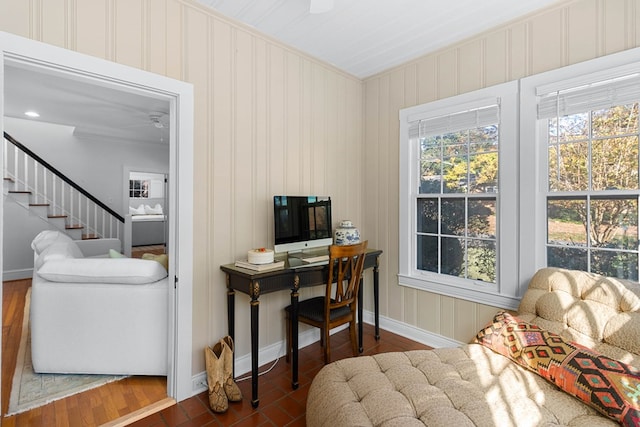 home office with crown molding