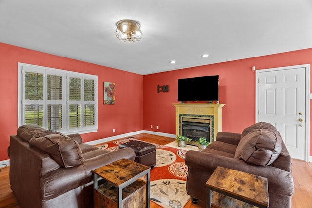 662 Nance Springs Rd, Dalton, GA 30721 - living room featuring wood finished floors, a fireplace with flush hearth, and recessed lighting