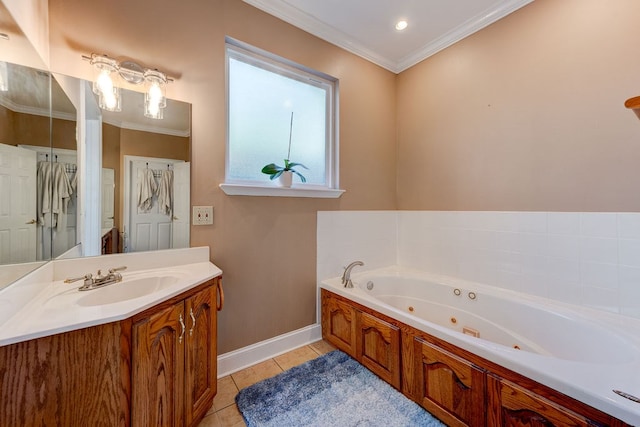 bathroom featuring ornamental molding, tile patterned floors, a bathtub, and vanity