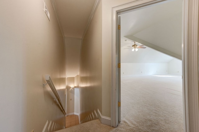 staircase featuring crown molding, lofted ceiling, and carpet