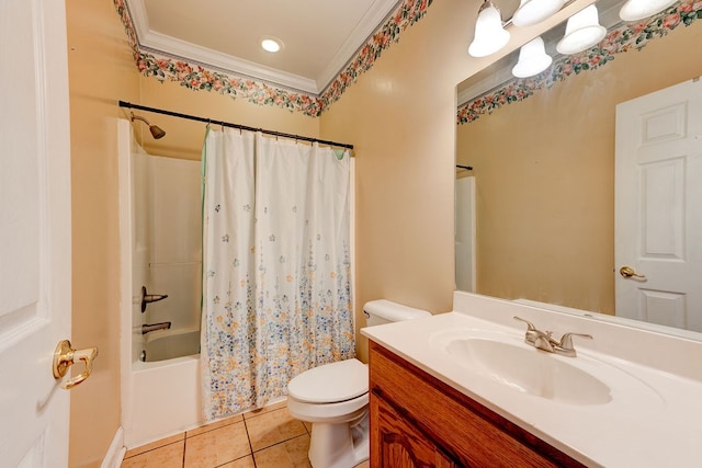 full bathroom featuring shower / bath combo, tile patterned flooring, vanity, ornamental molding, and toilet