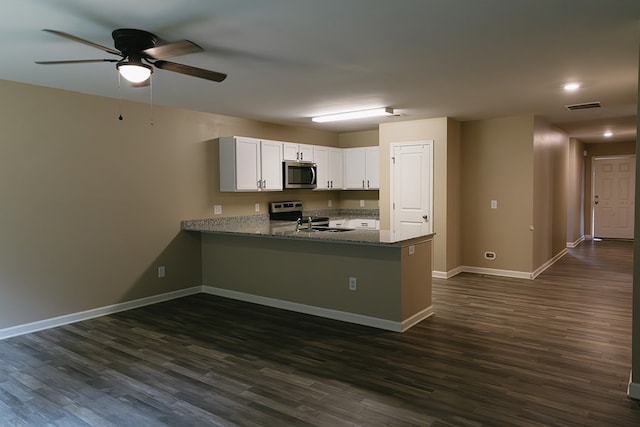283 Parkland Way, Chatsworth, GA 30705 - kitchen featuring stainless steel appliances, ceiling fan, white cabinetry, a peninsula, and dark wood-type flooring