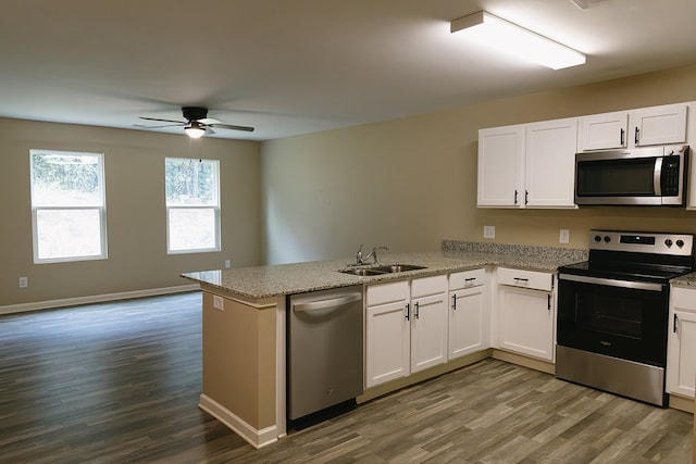 283 Parkland Way, Chatsworth, GA 30705 - kitchen with stainless steel appliances, a sink, a peninsula, dark wood finished floors, and ceiling fan