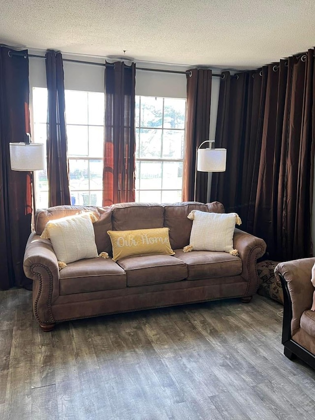 living room with hardwood / wood-style flooring and a textured ceiling