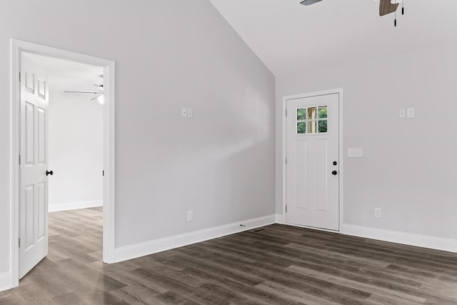 foyer entrance featuring lofted ceiling, dark hardwood / wood-style floors, and ceiling fan