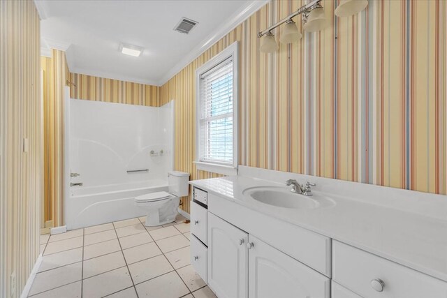 299 Charlotte Dr, Dalton, GA 30720 - bathroom with vanity, tile patterned floors, wallpapered walls, shower / tub combination, and crown molding