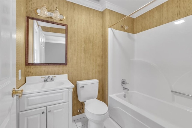 299 Charlotte Dr, Dalton, GA 30720 - full bathroom featuring wallpapered walls, vanity, shower / bathtub combination, ornamental molding, and tile patterned floors