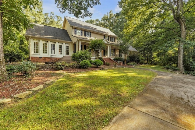 299 Charlotte Dr, Dalton, GA 30720 - view of front of home featuring a front lawn, crawl space, a porch, roof with shingles, and french doors