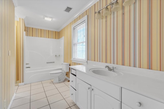 299 Charlotte Dr, Dalton, GA 30720 - bathroom with vanity, tile patterned floors, wallpapered walls, shower / tub combination, and crown molding