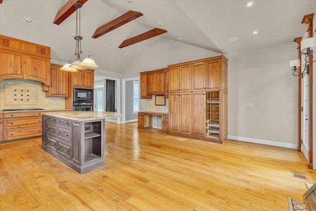 299 Charlotte Dr, Dalton, GA 30720 - kitchen with black appliances, backsplash, light wood-type flooring, high vaulted ceiling, and custom range hood