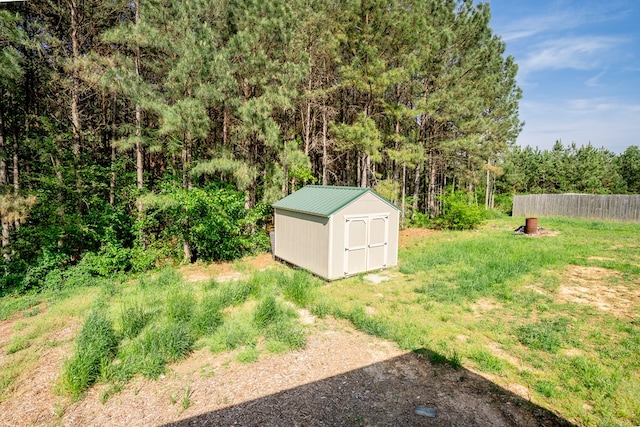 2549 Prospect Rd, Dalton, GA 30721 - view of yard with fence, a forest view, an outdoor structure, and a storage shed