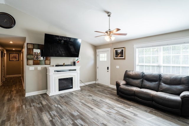 2549 Prospect Rd, Dalton, GA 30721 - living room with vaulted ceiling, wood finished floors, baseboards, and ceiling fan