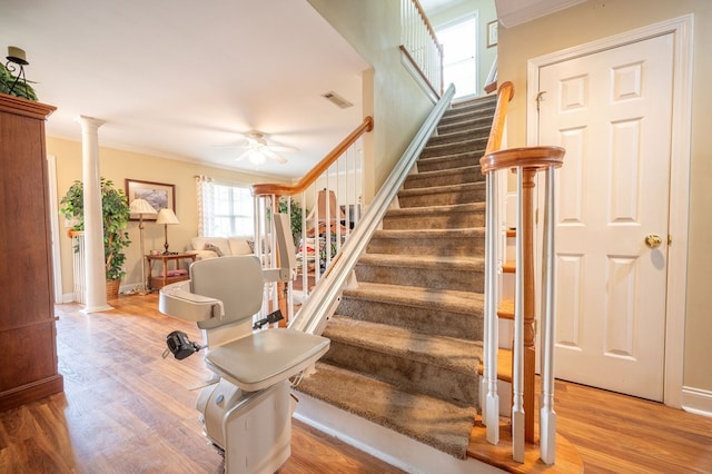 1730 Brighton Way, Dalton, GA 30720 - stairs featuring decorative columns, a ceiling fan, ornamental molding, wood finished floors, and baseboards