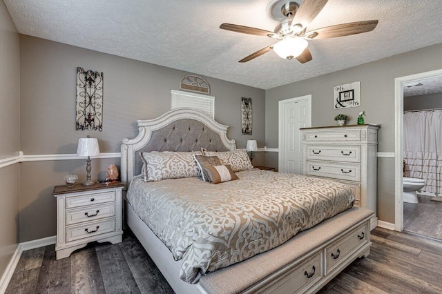 1359 Dustin Dr, Dalton, GA 30720 - bedroom with a textured ceiling, dark wood-style floors, connected bathroom, and ceiling fan