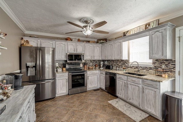 1359 Dustin Dr, Dalton, GA 30720 - kitchen featuring appliances with stainless steel finishes, decorative backsplash, ceiling fan, ornamental molding, and a textured ceiling