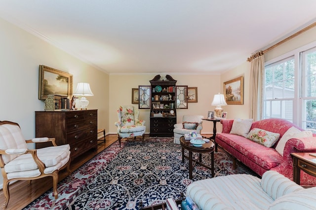 living room featuring crown molding and wood-type flooring