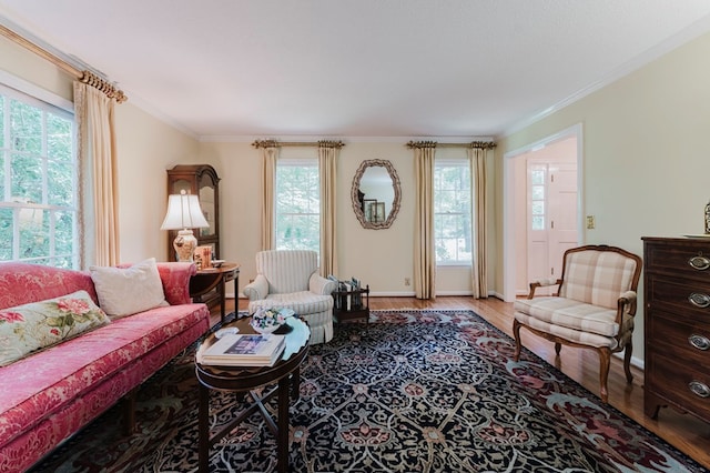 living room with crown molding and hardwood / wood-style floors