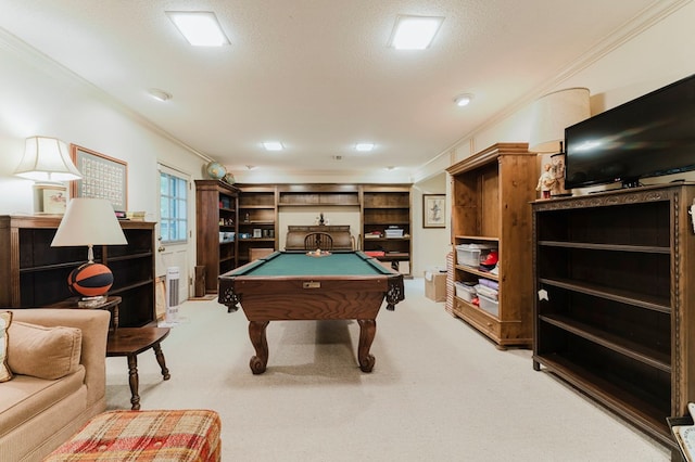 rec room with crown molding, light colored carpet, a textured ceiling, and pool table