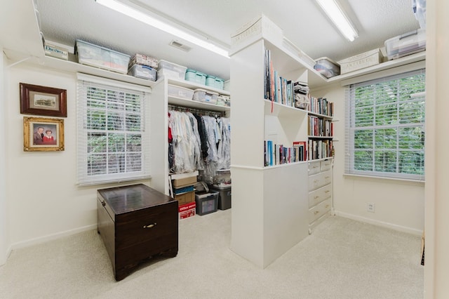 walk in closet featuring light carpet