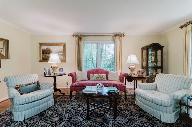 living room featuring crown molding and wood-type flooring