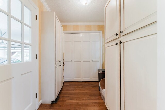 interior space featuring ornamental molding, dark wood-type flooring, and a textured ceiling