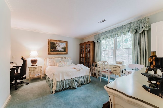 carpeted bedroom with ornamental molding