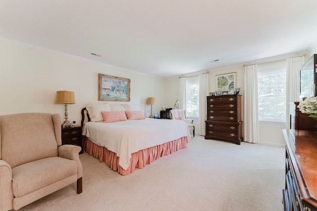 carpeted bedroom with multiple windows and ornamental molding