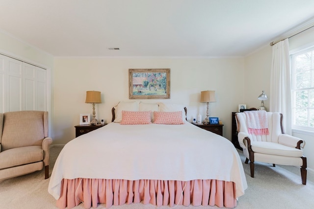 carpeted bedroom featuring ornamental molding and a closet