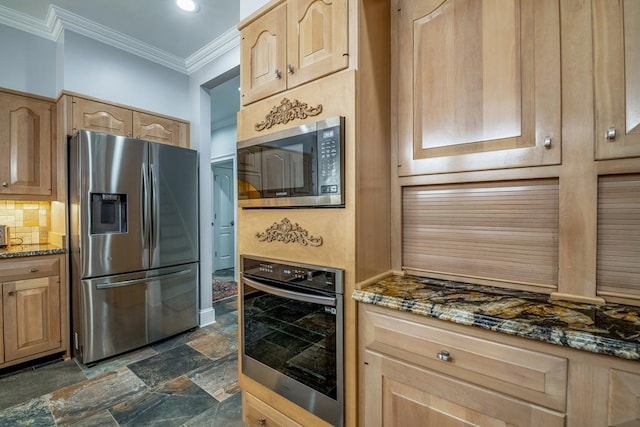 kitchen with appliances with stainless steel finishes, dark stone countertops, tasteful backsplash, ornamental molding, and light brown cabinets