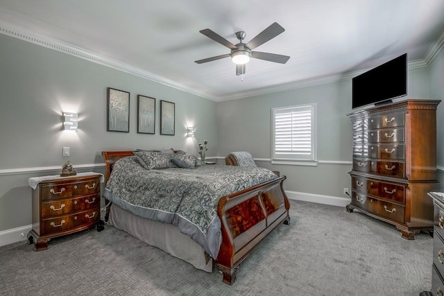 bedroom featuring ceiling fan, ornamental molding, and light carpet