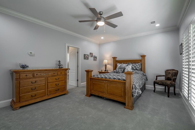 bedroom with crown molding, ceiling fan, and carpet flooring