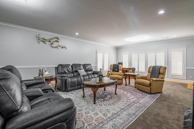 living room featuring carpet floors and ornamental molding