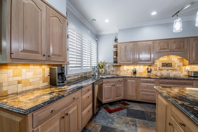 kitchen featuring crown molding, stainless steel dishwasher, and dark stone counters