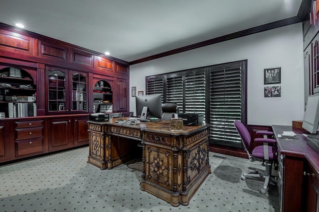 office featuring ornamental molding and light carpet