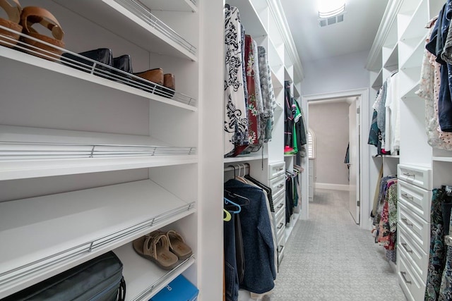 walk in closet with light colored carpet