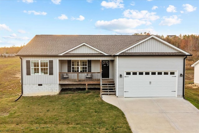 single story home with a garage, a front yard, and covered porch