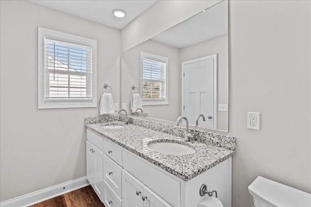 bathroom featuring vanity, wood-type flooring, and toilet