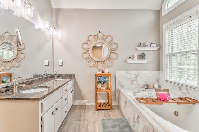 bathroom with lofted ceiling, a wealth of natural light, a tile shower, and a bath