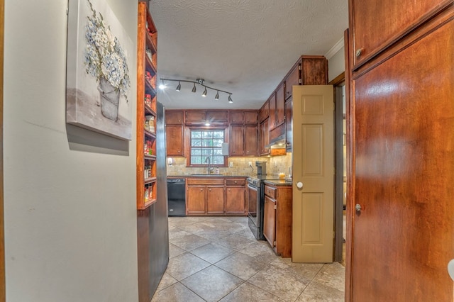 kitchen featuring decorative backsplash, crown molding, a ceiling fan, dishwasher, and freestanding refrigerator